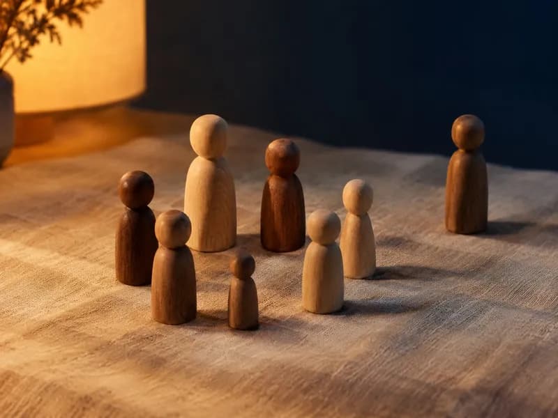 Figuras de madeira dispostas em círculo sobre um pano de linho