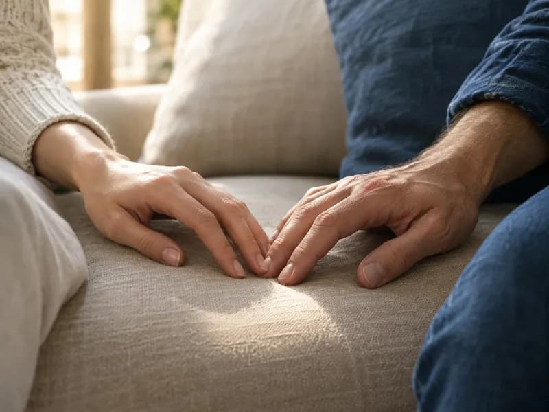 Duas mãos pousadas lado a lado num sofá
