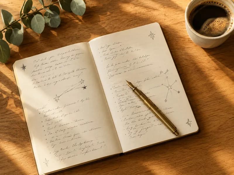 Um caderno aberto com objetivos escritos à mão e uma caneta